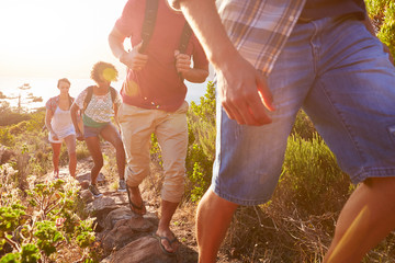 Group Of Friends Walking Along Coastal Path Together