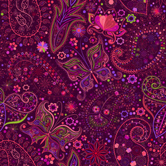 Vintage seamless floral motif background with butterflies.