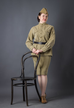 Portrait of woman in Russian military uniform 