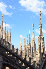 Fototapeta na wymiar Statues on Milan Cathedral and blue sky