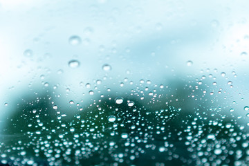 Rain droplets on glass.Trees blurred background.selective focus.