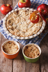 Crumble with apples close-up in baking dish. Vertical