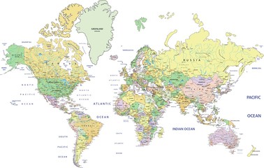 Highly detailed political World map with labeling. - obrazy, fototapety, plakaty
