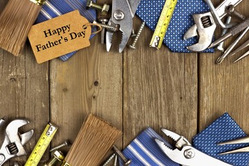Fathers Day gift tag with frame of tools and ties on wood