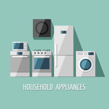 Set Of Household Appliances. Vector Flat Illustration.