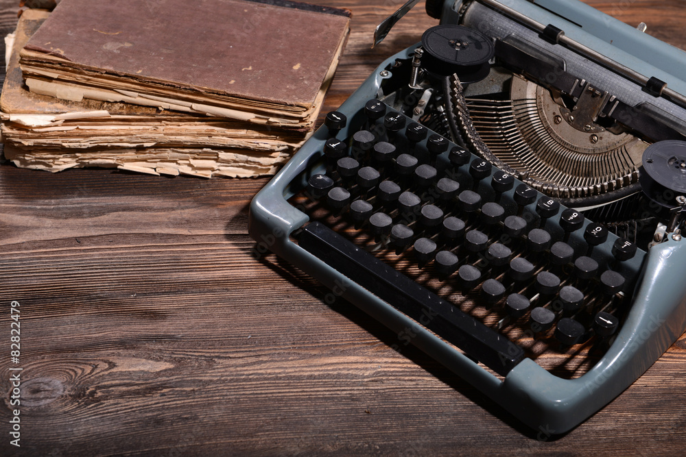 Poster old retro typewriter on table close-up