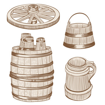 Old Wooden Mugs, Bucket, Wheel, Barrel Drawing