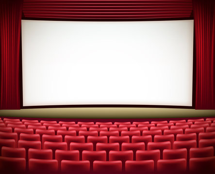 cinema theater background with red seats and red curtains 
