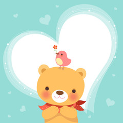 cute bear and a little bird, heart background