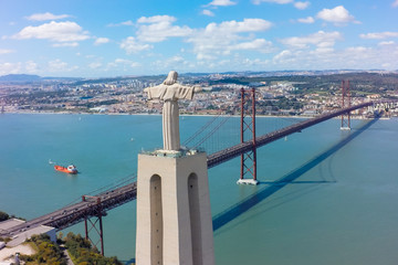 Aerial view Jesus Christ monument watching to Lisbon city in Por