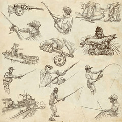 Fishing - Freehand sketches, originals on old paper