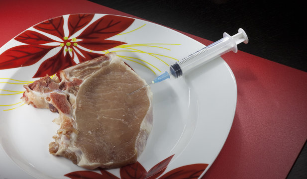 Concept genetically modified organism: syringe and meat