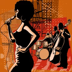 Wall murals Art Studio Jazz singer with saxophonist and double-bass player