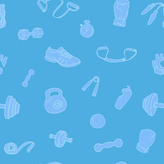 Fitness and gym hand drawn seamless pattern. Blue sports  vector