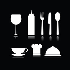 Set of food and beverage symbols in black background
