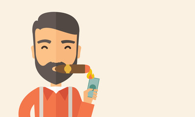 Businessman lighting the cigar tobacco.