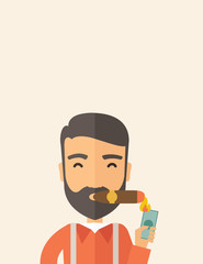 Businessman lighting the cigar tobacco.