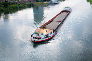 barge with cargo on river - obrazy, fototapety, plakaty