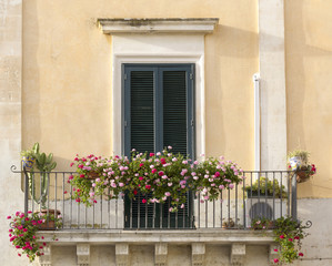 Fototapeta na wymiar Geranei colorati sul balcone- Lecce