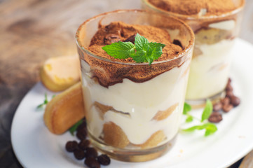 Traditional Italian dessert tiramisu. Selective focus