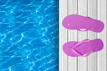 Swimming pool, wooden deck and pink beach shoes