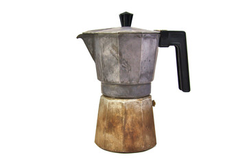 Old, used and rusty italian coffee maker isolated on a white