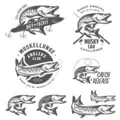Set of muskellunge musky fishing design elements