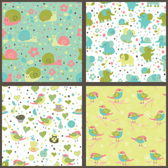Fototapeta na wymiar Set of seamless patterns with cartoon animals and sweets