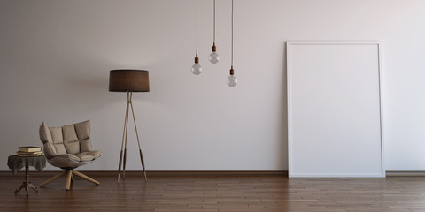 Wooden frame with bulbs, table, books and textile armchair