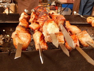 Shashlik. Traditional grilled meat on skewers