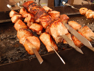 Shashlik. Traditional grilled meat on skewers