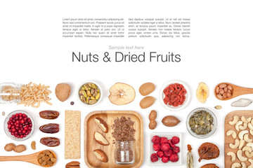 nuts and dried fruits on white background