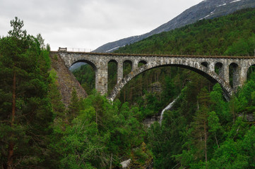 Fototapeta na wymiar Arch stone bridge in norwegian forest valley
