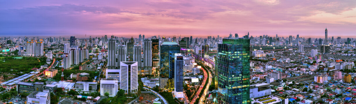 Panorama View Of Bangkok City Scape At Sunset, Thailand