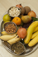 Fruits and dry fruits from thread ceremony function, India 