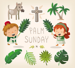 Decorative elements for Palm Sunday and palm leaves.