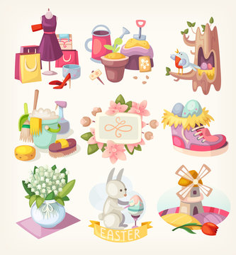 Set of colorful decorative spring flowers and animals  