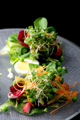 Fine dining mixed salad with ruccola, pine nuts, eggs, cheese 