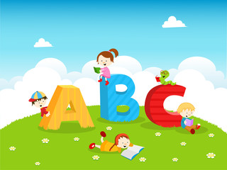 Kids reading books near abc letters.