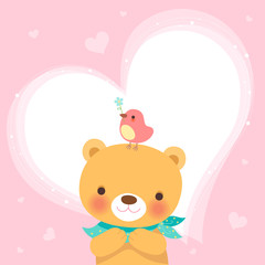cute bear and a little bird-pink flower pattern