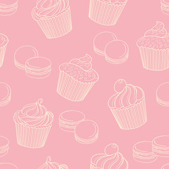 Delicious cupcakes with macaroons on pink background, seamless p