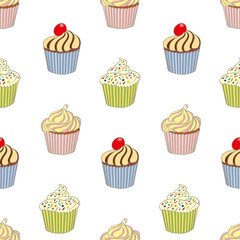 Delicious colorful cupcakes on white background, seamless patter