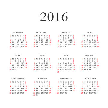 Calendar for 2016. Vector