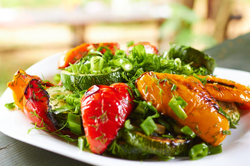 dish with grilled sweet peppers, zucchini, green onions and herb