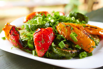 dish with grilled sweet peppers, zucchini, green onions and herb