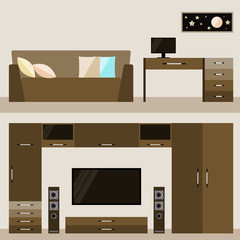 illustration in trendy flat style with brown beige room interior
