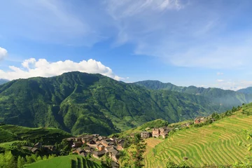 Foto auf Acrylglas Antireflex Landscape photo of rice terraces and village in china © Juhku