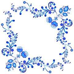 Symmetric floral ornament in Gzhel style. Russian folklore