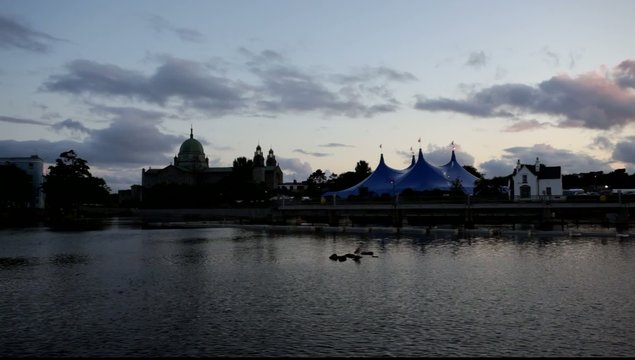 Cathedral and "Big Top" on the bank of Corrib river at Night
