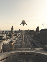 Spaceship on Final Landing Approach, Sci-fi Illustration